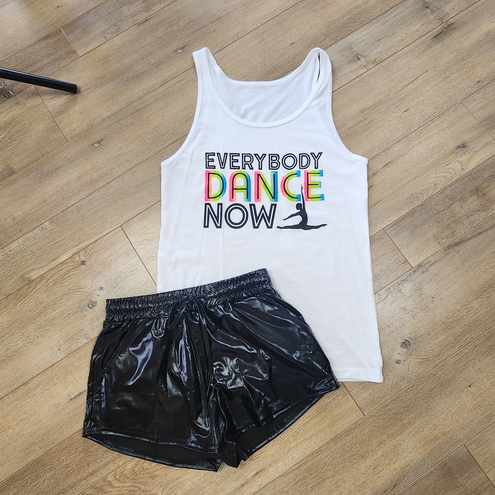 White Graphic Tank Top and Black Shorts Dance Set (Adult Small)